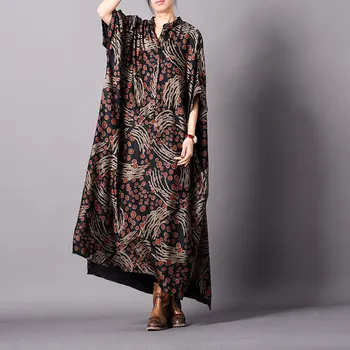 

Spring Summer New Original Retro Large Size Women's Printed Pleated Dot Silk Dress Loose Long Asymmetrical Dress Robe