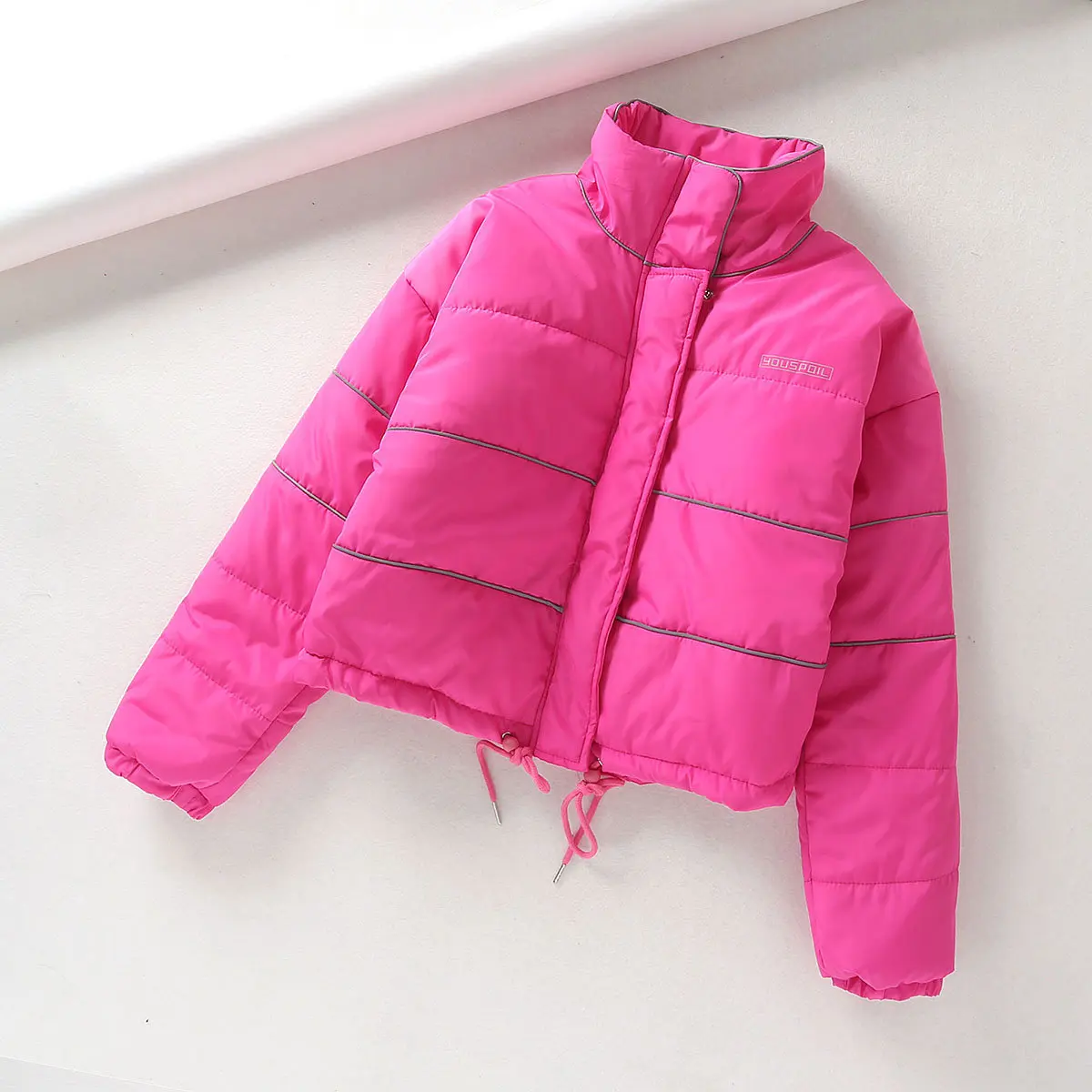 

Western Style 2019 Autumn New Style Reflective Strips Solid Color Loose-Fit Versatile Drawstring Waist Hugging Jacket Cotton Coa