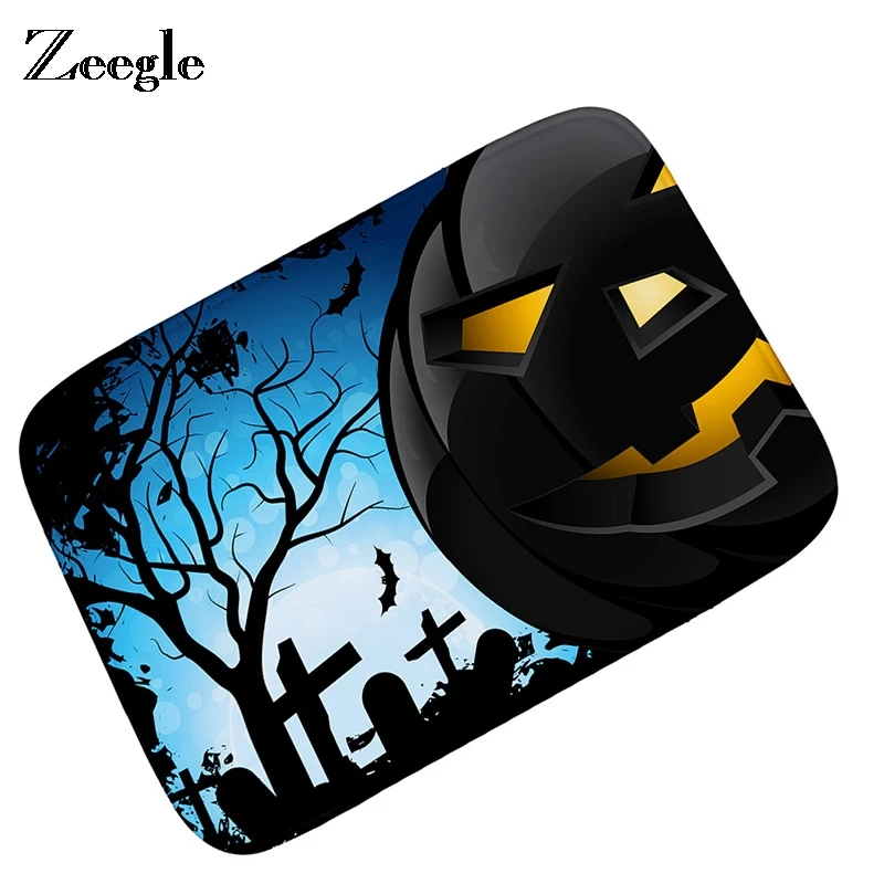 Zeegle Halloween Door Mat Non-slip Floor Mat Kid Bedroom Carpet Outdoor Decor Pumpkin Lamp Pattern Area Rug