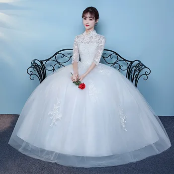 

High Neck Half Sleeve Wedding Dress Lace Ball Gown Princess Simple Wedding Gown Bride Dress Vestido De Noiva