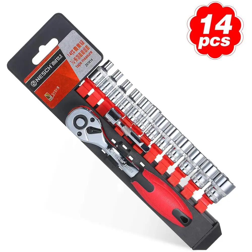 14Pcs 1/4''Metric Drive Sockets Set Quick Reversible Ratchet Handle Swappable Spanners with Hanging Rack Car Repair Tool |