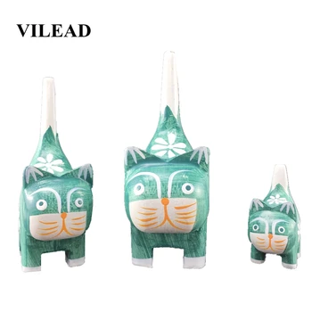 

VILEAD 10cm 22cm 3Pcs/Set Wood Hand-Painted Kitten Figurines Green Pattern Cat Family Creative Europe Animal Crafts Wooden Decor