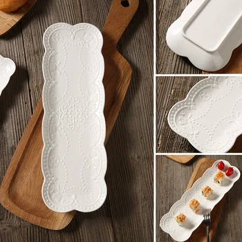 

10-15 Inch Japanese Ceramic Sushi Plates Cake Plate Embossed Butterfly Rectangular Tray White Bread Snack Dish