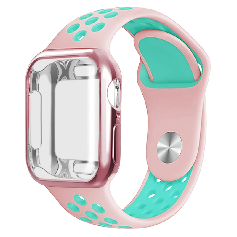 Дышащий силиконовый спортивный ремень Apple Watch 5 4 3 2 1 42 мм 38 мм резиновый ремешок Nike+ Iwatch+ чехол 5 4 3 40 мм 44 мм - Цвет ремешка: Pink with green
