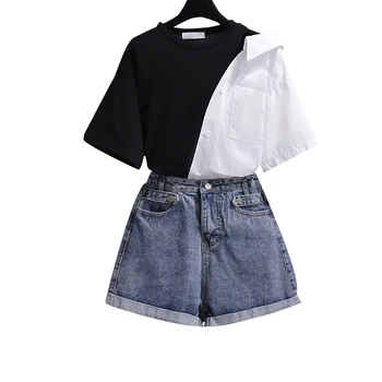 

Women new Summer Demin Short 2 piece sets Fashion Korean Black White T Shirt top and Jean two pieces set Cool clothing outfits