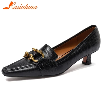 

Karinluna 2020 Fashion New Genuine Cow Leather Slip-On Concise Pumps Woman Shoes Metal Decoration Office Lady Pumps Women Shoes