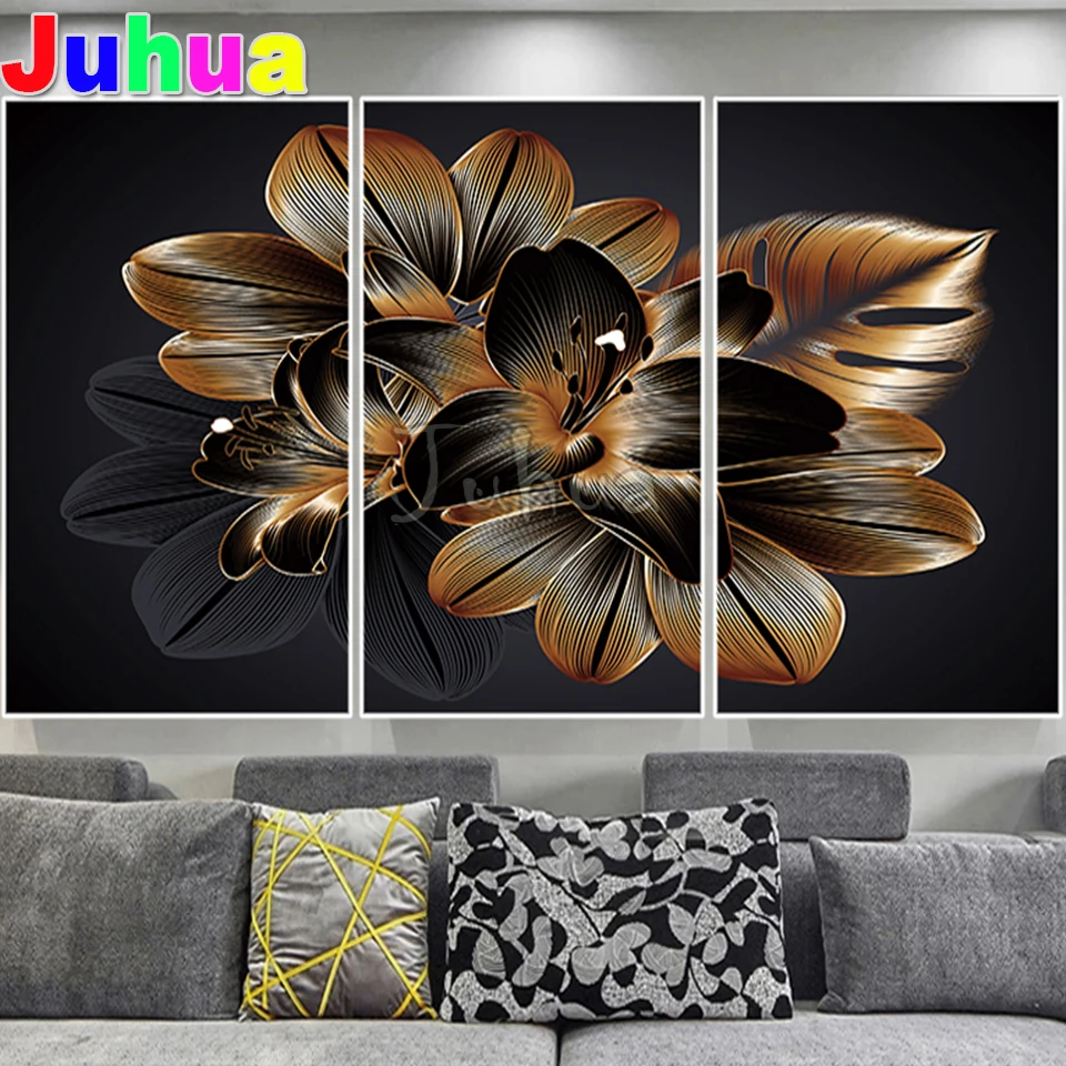 Full Square Round Drill Diamond Embroidery Golden Lily Flowers 5D Diy Painting Mosaic Abstract art Triptych Home Decor | Дом и сад