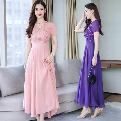 Plus Size M-3XL Summer White Printed V Neck Woman Chiffon Long Dress Boho Beach Maxi Party Dress LJ721