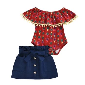 

pudcoco Infant Baby Girl Pineapple Print Tassel Tops Romper+Denim Skirts 2PCS Off Shoulder Sweet Casual Holiday Summer Outfits