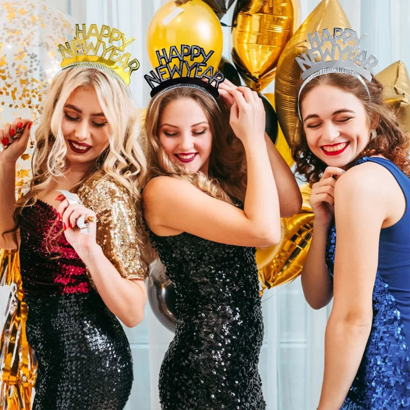 3pcs Happy New Year Headband Glitter Gold Silver Hairbands Photo Props For New Year Eve Christmas Party Hair Hoop Accessories