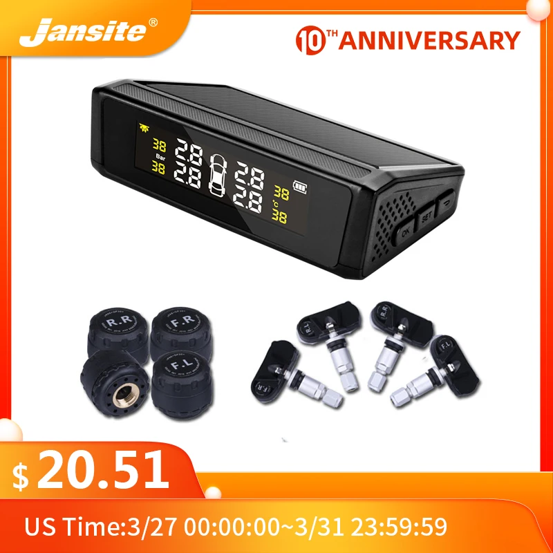 

Jansite TPMS Wireless Car Tire Pressure Monitoring Intelligent System Solar Power charge LED Display with four Internal Sensors