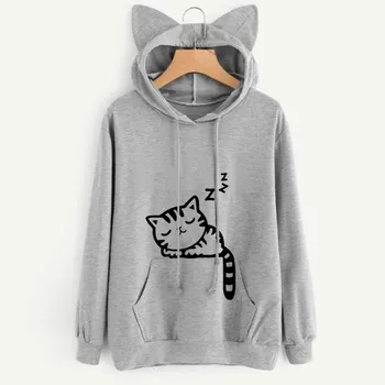 

Womens Blouse Cute Cat Print Long Sleeve Hoodie Sweatshirt sport Pullover female shirt ladies Tops Blouses Autumn and Winter