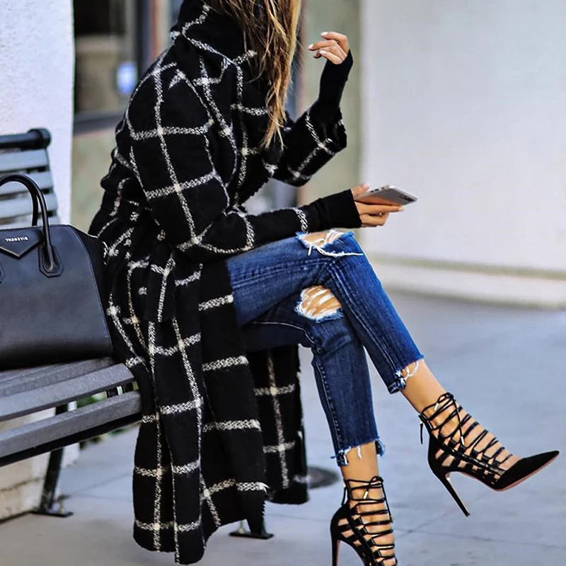 Женское осеннее пальто женское Шерстяное клетчатое пальто длинное облегающее шерстяное пальто Тип женские зимние повседневные шерстяные куртки женская верхняя одежда - Цвет: Черный