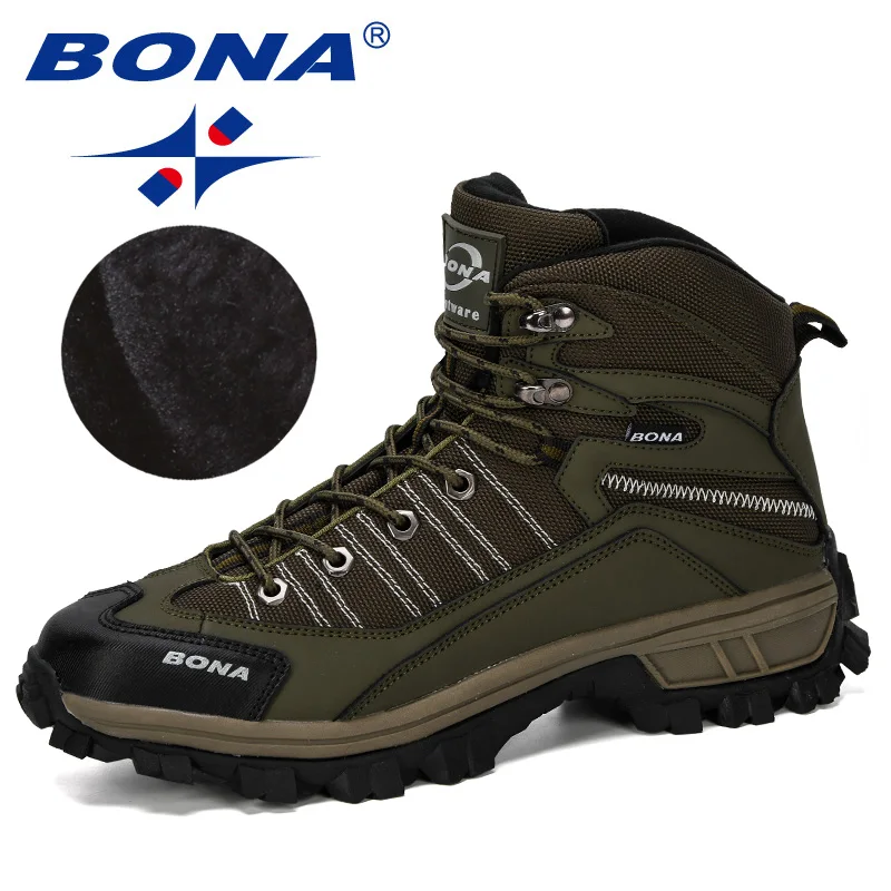 Army green S gray BONA/Новинка года; дизайнерская зимняя обувь; мужские кожаные туристические сапоги; Мужская Нескользящая повседневная обувь; мужские кроссовки; короткая плюшевая обувь; модная обувь - Цвет: Army green S gray