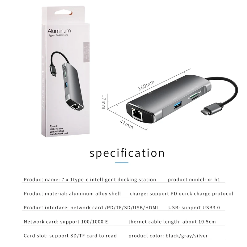 Usb 3.0 Type C концентратор 7 в 1 для Ethernet + 4K видео Hdmi Pd Rj45 адаптер зарядного порта слот