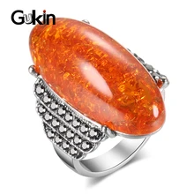 Gukin, nuevos anillos de lujo de piedra de amberos de imitación ovalados grandes para mujer, Color plata, cristal negro, anillo Vintage, joyería de boda