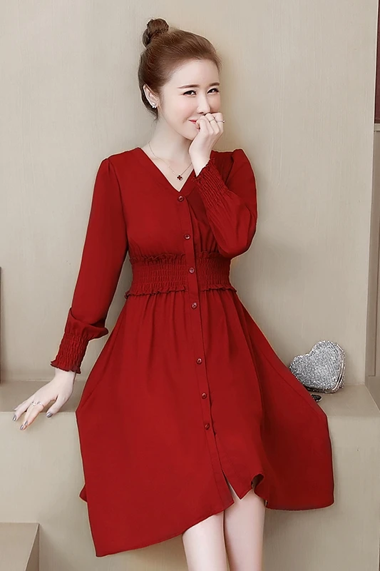 Осенняя мода элегантный v-образный вырез длиной до колена А-силуэт винтажный тонкий длинный рукав красный черный клуб плюс размер женские коктейльные платья