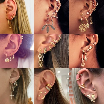 

ZOVOLI Bohemian Vintage Gold Drop Dangle Small Hoop Earrings For Women Statement Moon Cross Chain Earrings Set Fashion Jewelry