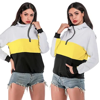 

2019 Women's Fashion Long Sleeve Studded Color Contrast Hoodie Loose Sweatshirt Sweatshirt Pullover Top W0820