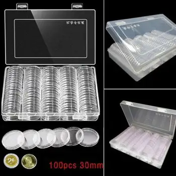 

New 100Pcs 30mm Clear Plastic Round Coin Cases Capsules Container Holder Storage Box Coin Collection Protection Box