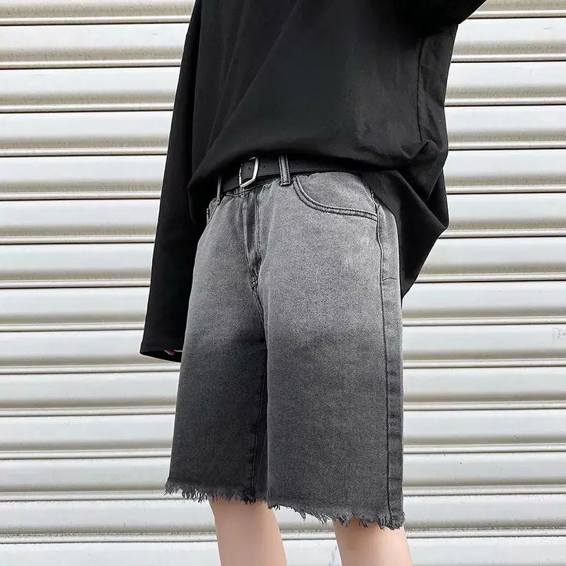 Summer Gradient Denim Shorts Men's Fashion Retro Denim Shorts Mens Streetwear Korean Loose Hip-hop Straight Men