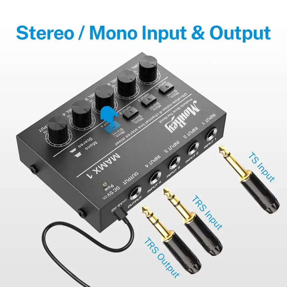 Moukey Audio Mixer Ultra-low-noise 4-channel Line 4 Stereo Mono Switch Mixer for Sub-mixing Mini Clubs as Mic Guitar Stage Mixer