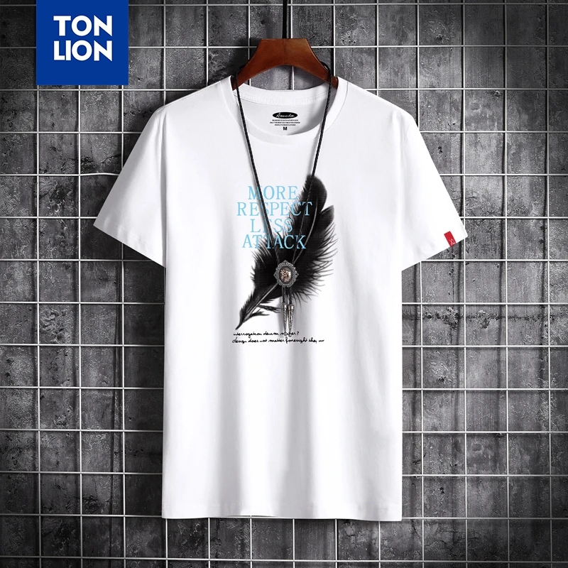 

5 Colors Large Size Men's T Shirts Round Neck Feather Alphabet Print Tshirt Preppy Style 2020 New Brand Dropshipping OL