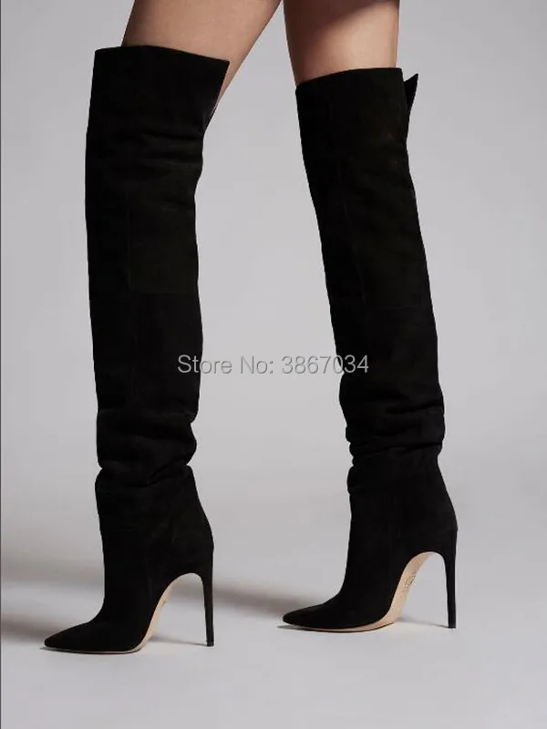 Новая модная женская обувь черные замшевые высокие сапоги на шпильке с острым носком осенне-зимние ботфорты женская обувь для вечеринок