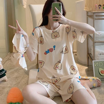 

Funny Cartoon Print Two Piece Set Women Sleepwear Short Sleeve Loose Tops + Elastic Waist Shorts Set Nightwear Cotton Suit W853