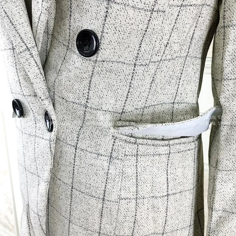Autumn Professional Plaid Office Suits Women Full Sleeve Double Breasted Brief Blazer Coat Pant Slim 2 Pieces Sets Clothes
