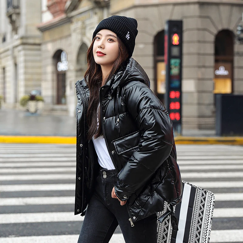 

2021 Autumn Loose Shiny Cotton Down Jacket Women's Warm Winter Coat Bread Trend Waterproof Casual Hooded Jacket New OverCoat