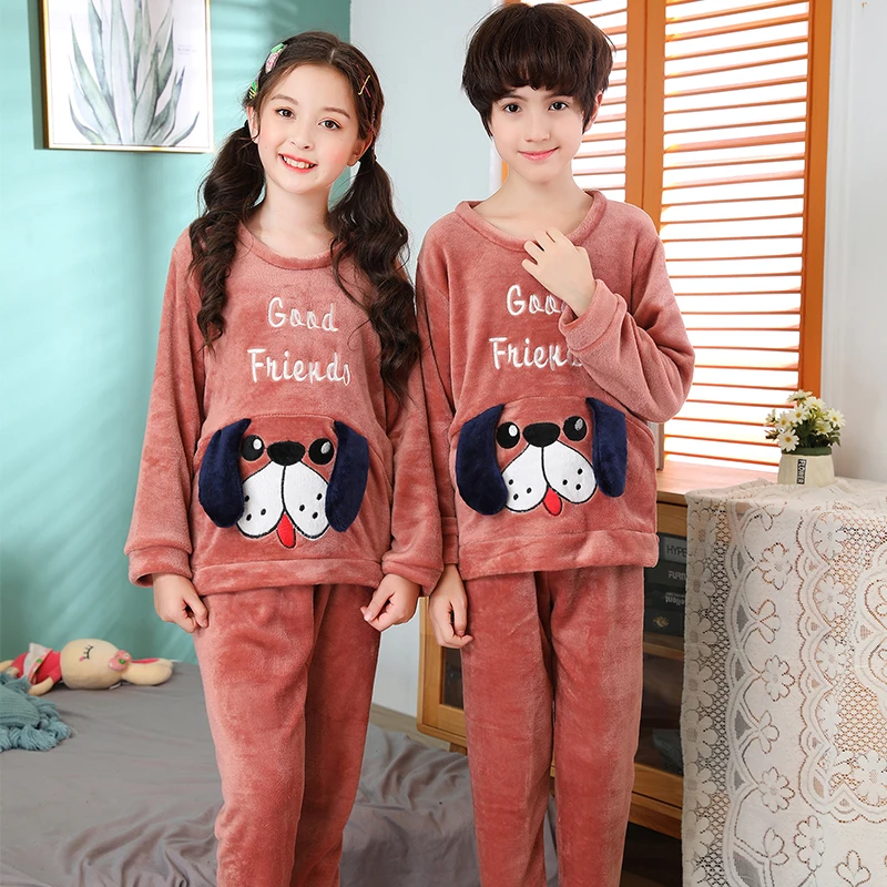 Kids long sleeve warm sleepwear Cartoon boys&girls flannel pajamas set Autumn&winter new children's coral velvet home clothes - Цвет: style  9