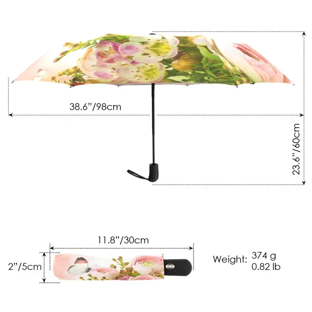 Beautiful Pink Roses and Butterfly Umbrella Rain Women Gift Three Folding Umbrellas Windproof Automatic Portable Travel Umbrella