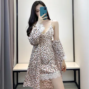 

Women's Sexy Leopard Nightdress Summer Spring and Autumn Silk Nightgown Two-Piece V-neck Soft Touch Bathrob