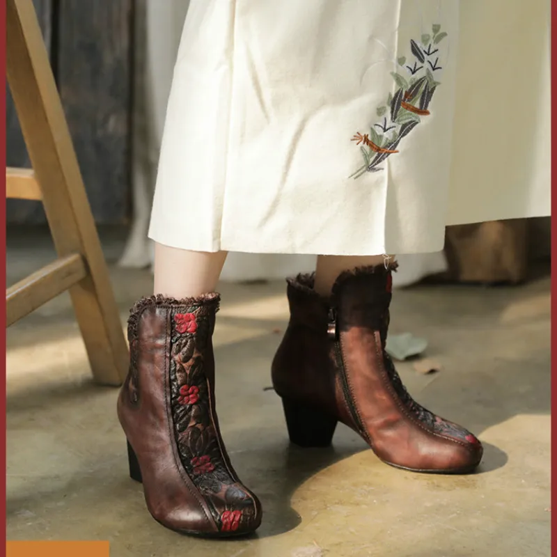 

Women Boots Winter Warm Shoes Women Embroidery High Heels Genuine Leather Ankle Boots Women Handmade Retro Martin Boots Brand