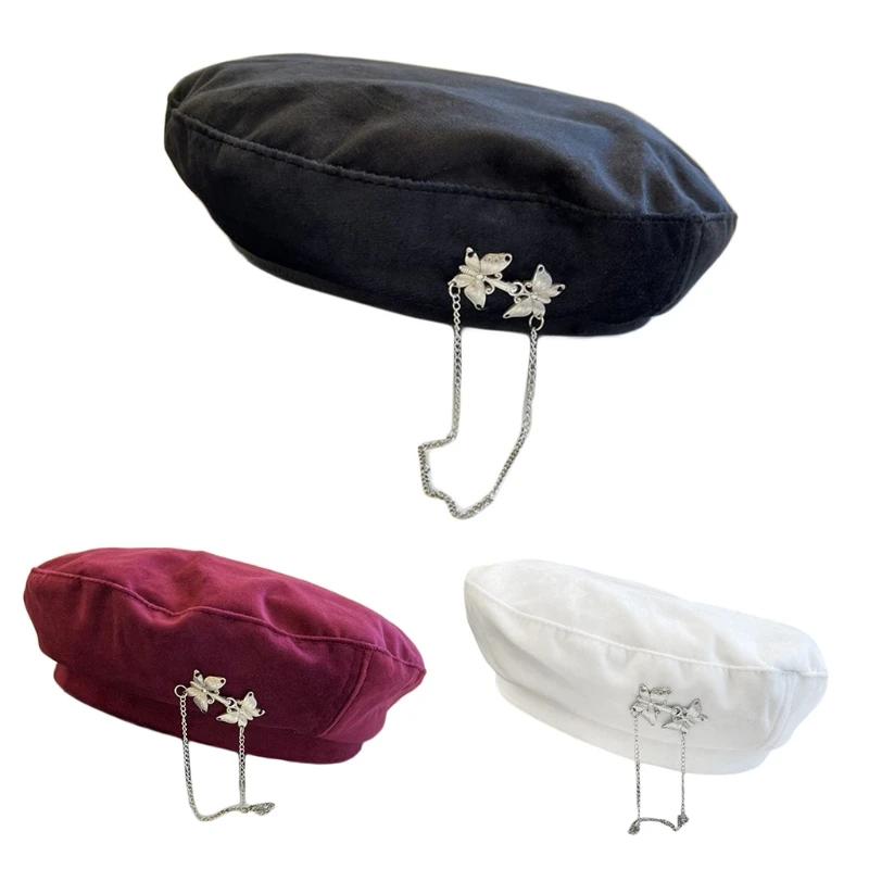 Elegant Beret Cap Tassel Chain Newsboy Artist Hat Butterfly Chain
