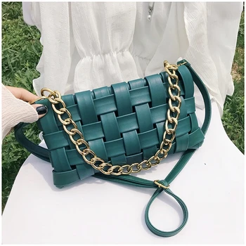

Green Shoulder Bags Women 2020 Envelope Weave Knitted Baguette Bags Brand Designer Handbags With Thick Chains And Strap Both