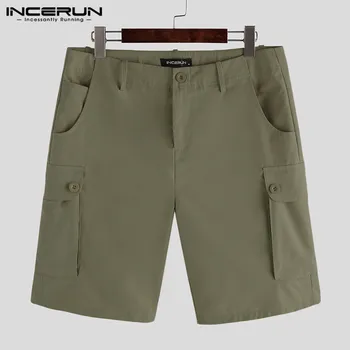 

INCERUN Summer Men Shorts Solid Color Button Streetwear Multi-pockets Casual Fashion Men Knee Length Cargo Shorts Plus Size 2020