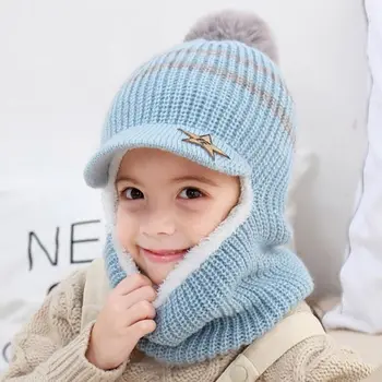 

2020 Knit Short Plush Hooded Scarf Kids Hat And Scarf Child Winter Warm Protection Ear Pom Pom Cap Scarves Girls Boy Accessories