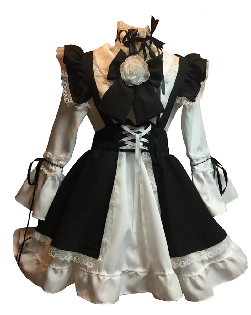 

Japanese French Maid Costum Lace Bow Tied Dress Unisex Women Black Anime Cosplay Fancy Halloween Puff Sleeves Outfit For Girls