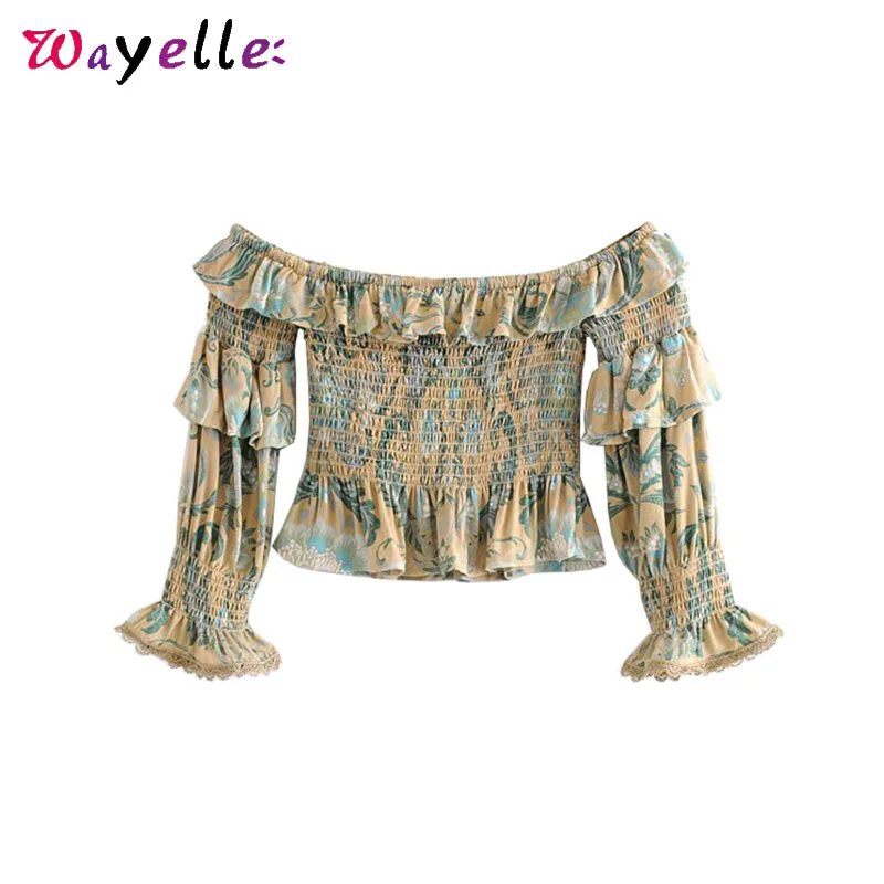 

Crop Top Women Boho Floral Print Blouse Women Smocked Elastic Summer Short Style Tops Vintage Slash Neck Ruffles Beach Shirts
