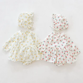 

2020 New Autumn Newborn Girls Jumpsuits Clothes Baby Knit Rompers Cherry Knitted Long Sleeve Children Rompers + Hat