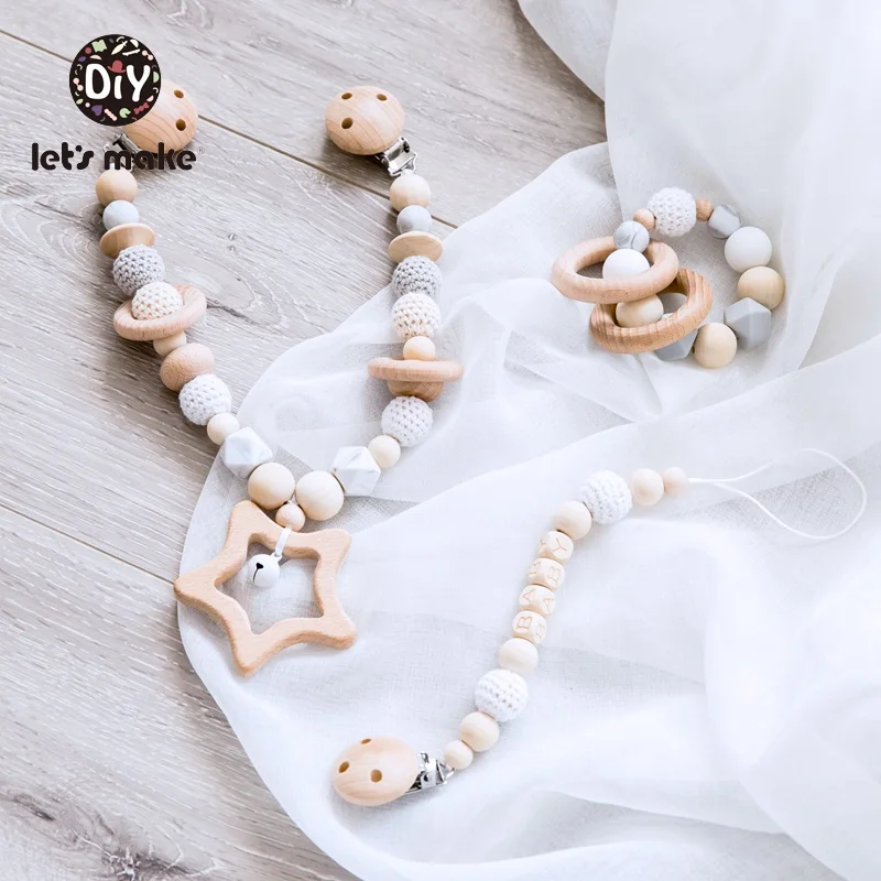 Let s Make Baby Rattle Pacifier Chain Pacifier Clip Bracelet Wooden Ring BPA Free Star Three 3