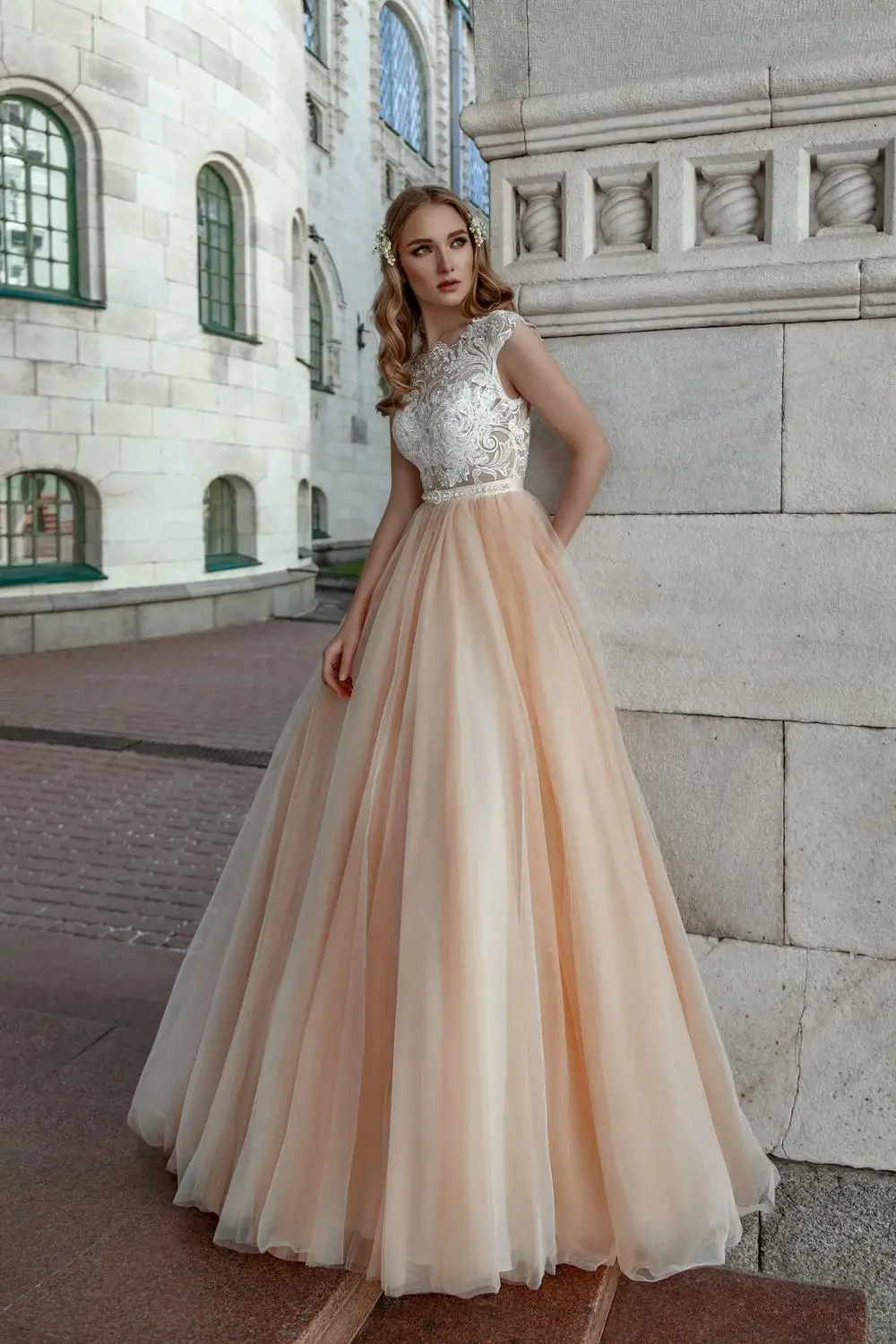 peach beach wedding dress
