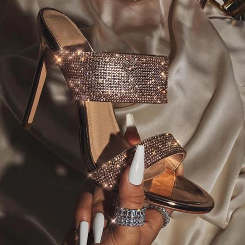 

2019 Women Summer Platform 11.5cm High Heels Luxury Design Sandals Lady Gold Crystal Pumps Rhinestone Slides Slipper Mules Shoes
