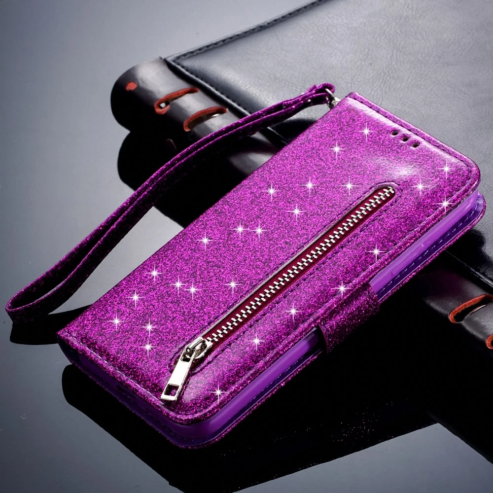 Purple Роскошный блестящий кошелек, кожаный чехол-книжка для iPhone Xr X Xs 11 Pro Max, противоударный чехол на молнии для iPhone 7, 8, 6 S, 6 Plus, 5, 5S, SE - Цвет: Purple