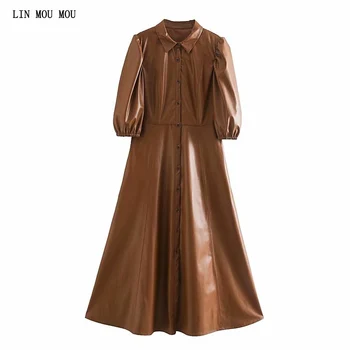 

The latest design spring and summer women's imitation leather dress solid color faux leather dress half-sleeved slim dress