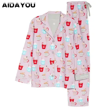 

2020 New Pajamas Set Soft Cotton Cartoon Printed Pyjamas Long Sleeve Long Pants Autumn Sleepwear Simple Style Lovely Home Wear