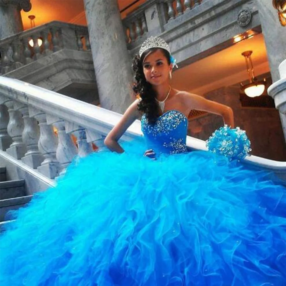  Ʈ 16 巹  Quinceanera  巹 Vestido de Debutantes 15 Anos Blue Rhinestones Ruffles Debutante Gowns