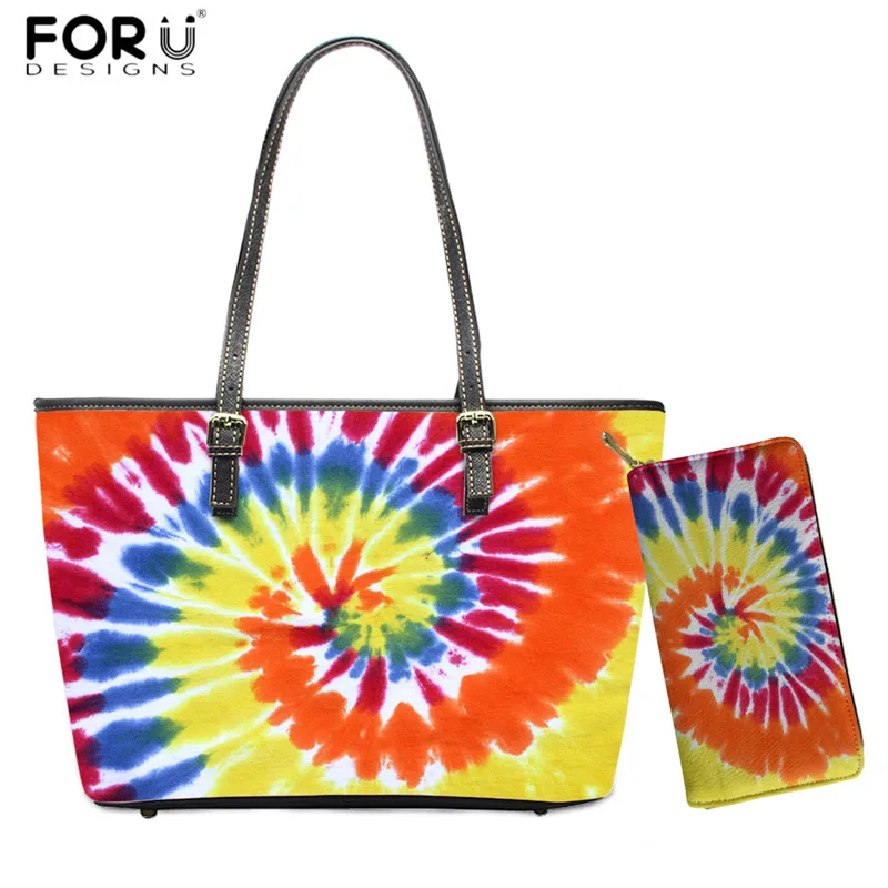 

FORUDESIGNS Hand Made Tie Dye 3D Print Women Handbags 2pcs/set PU Leather Shoulder Bags Large Travel Top-handle Bag for Lady Mom